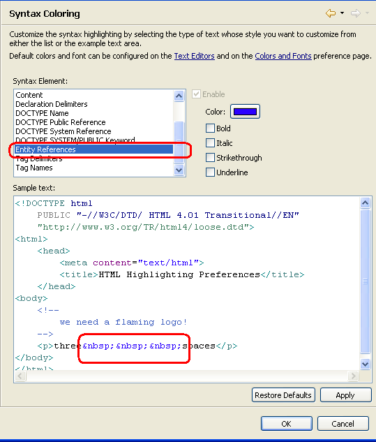 Entity References in the HTML Syntax Coloring preference page