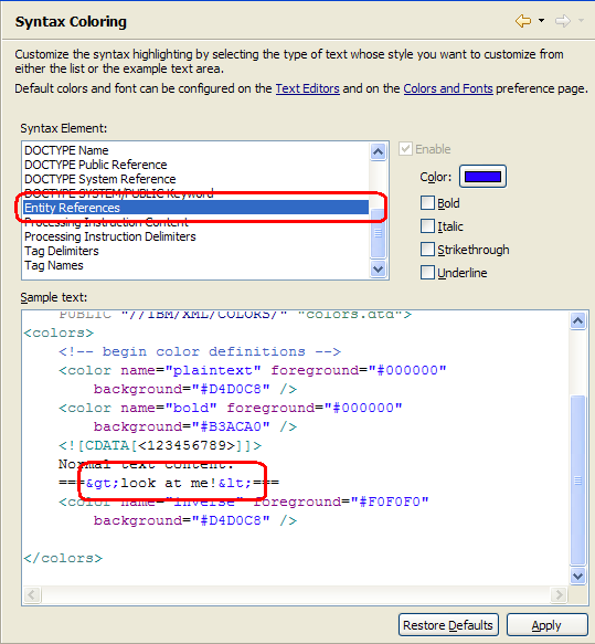 Entity References in a Syntax Coloring preference page