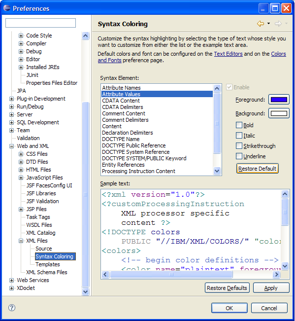 Syntax Coloring preference page for XML