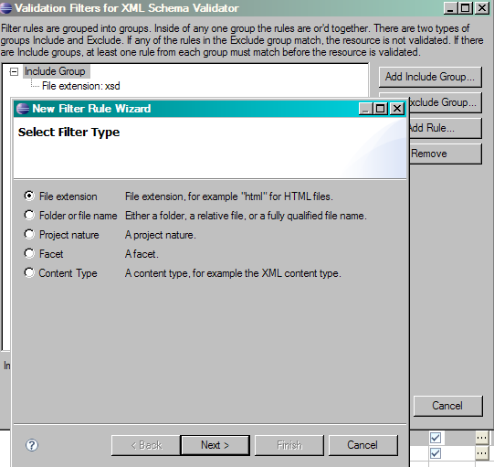 XML Schema validation filter preferences