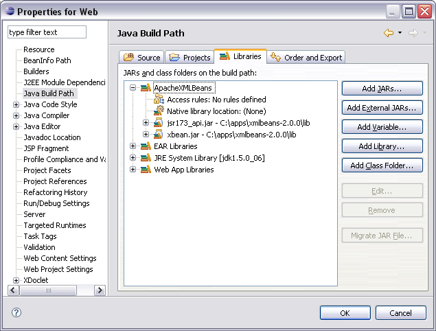  J2EE Module Dependencies page on a web project 