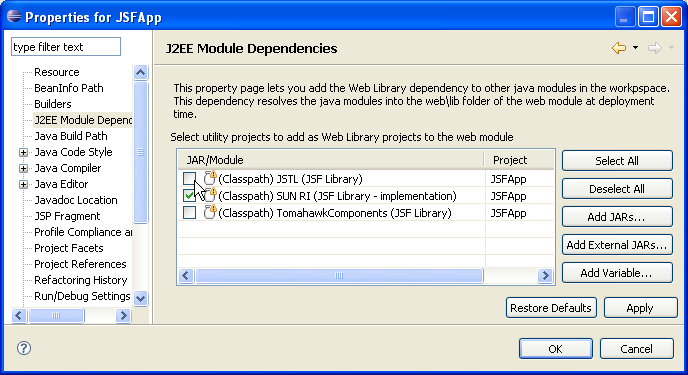 Fig. 5 Select JSF Libraries for Publish and Export