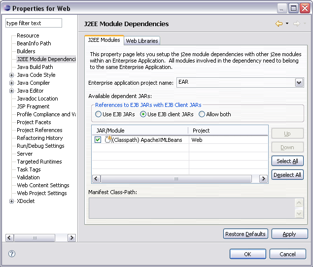  Module Dependencies property page on a web project 