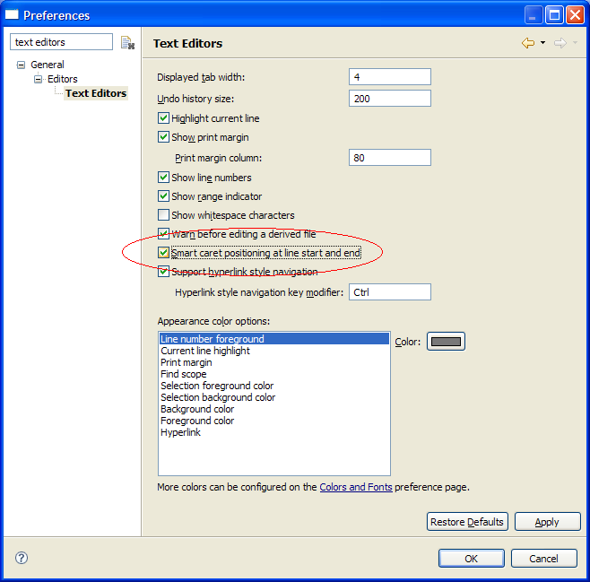 Smart caret positioning preference