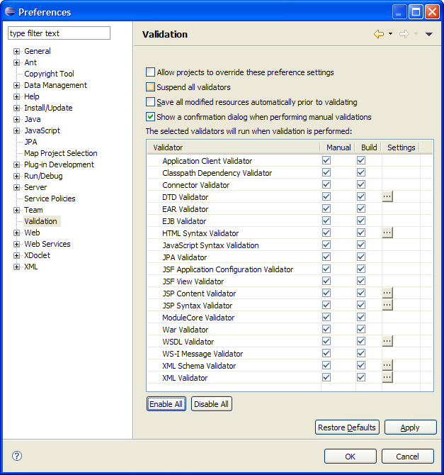 Validation preference page