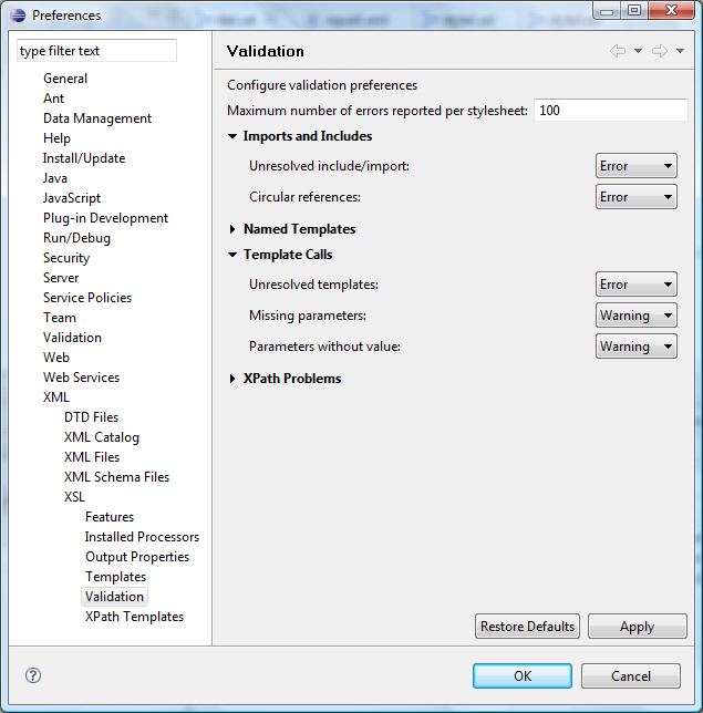 XSL Validation preferences