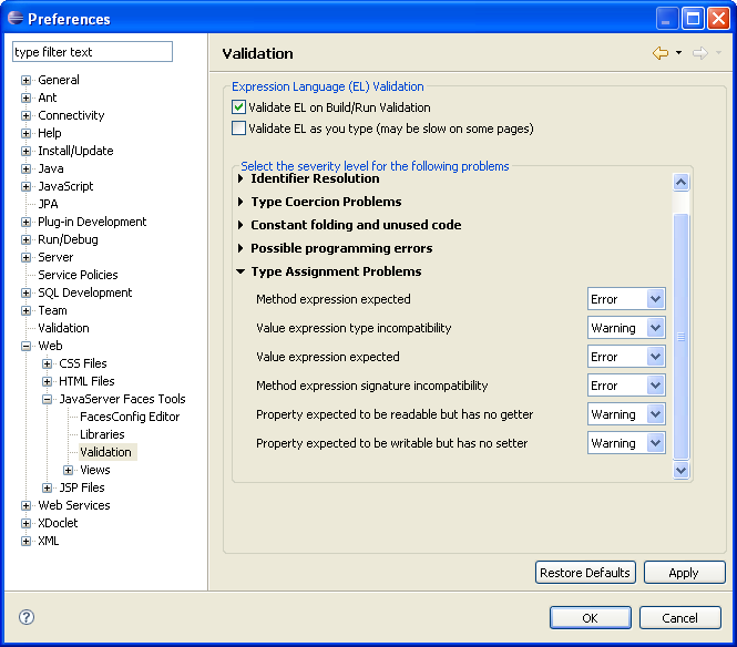 Shows new preference options in the JSF->Validation properties page