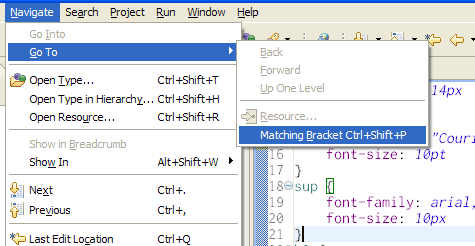 Go To Matching Bracket in menu