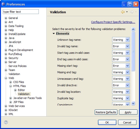 HTML Validation preference page