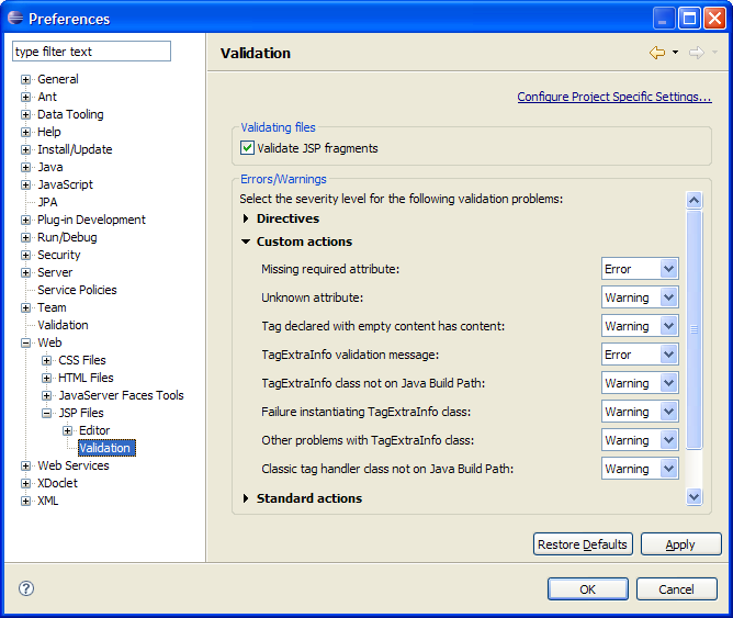 JSP Validation preference page