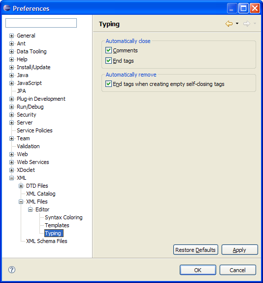 XML Typing preference page