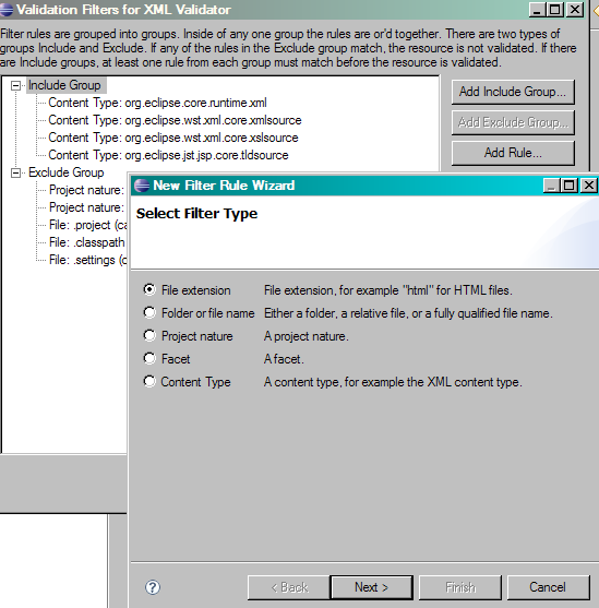 XML validation filter preferences