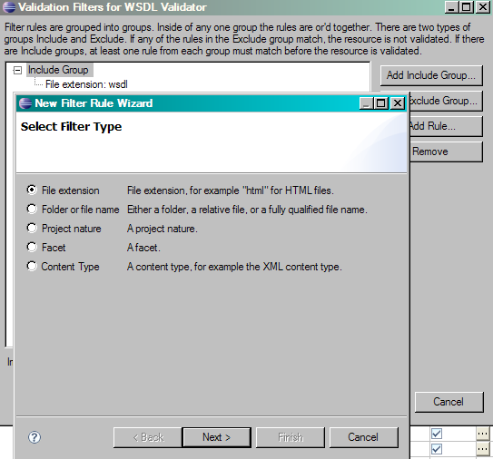 WSDL validation filter preferences