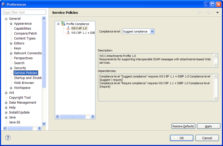 Service Policy preference page