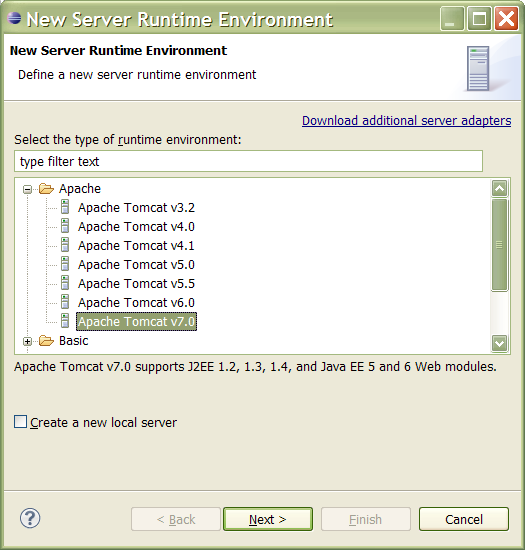 Apache Tomcat 7.0 in the New Server Runtime Environment dialog