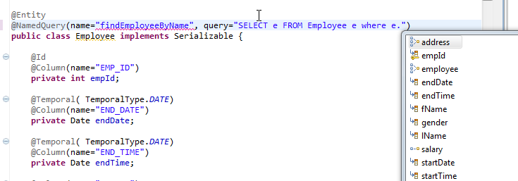 JPQL Content Assist - Attributes