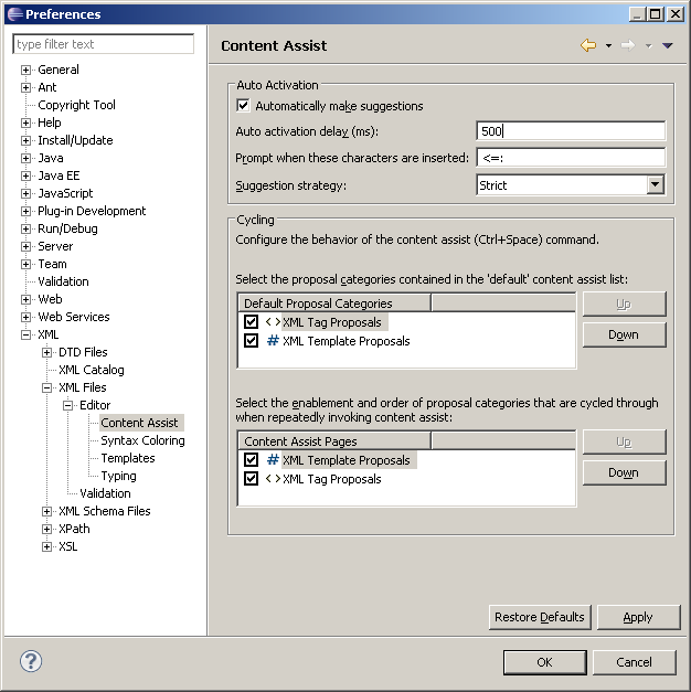 XML Content Assist auto activation configuration