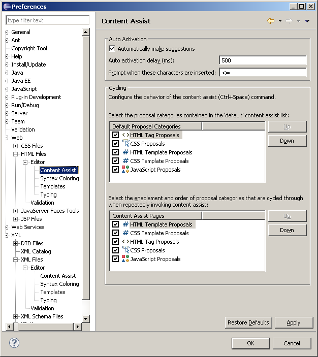 HTML Content Assist auto activation configuration