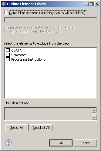 XML Outline filter dialog