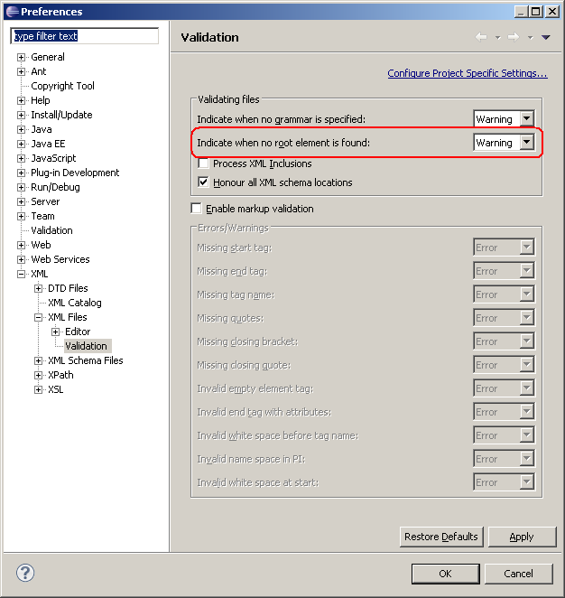 XML Validation preference page