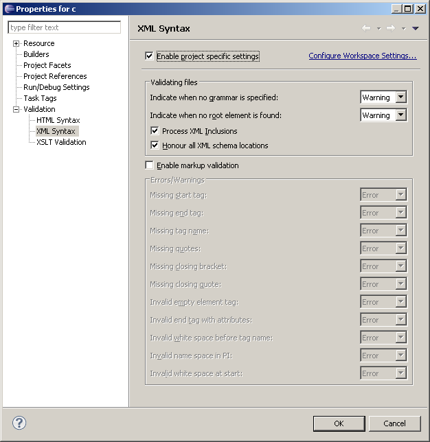 XML Validation project preference page