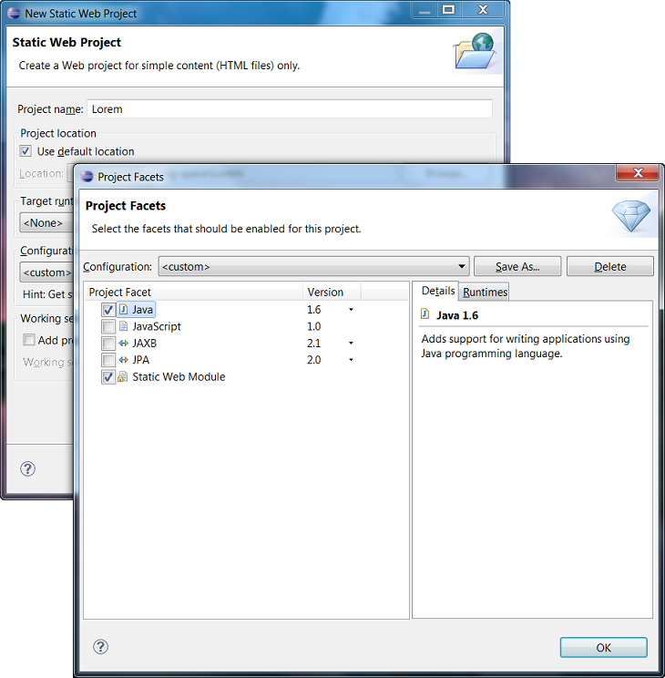 The Static Web and Java Facets selected