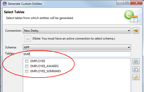 Entity generation table filtering