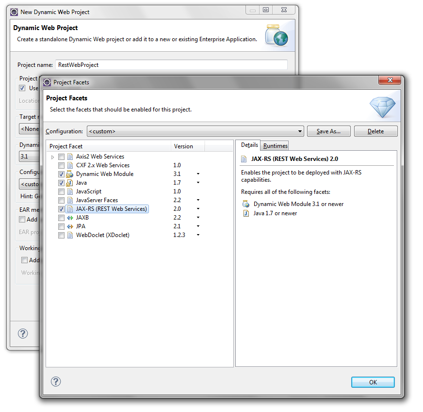 Screenshot of facet list with JAX-RS 2.0 option selected