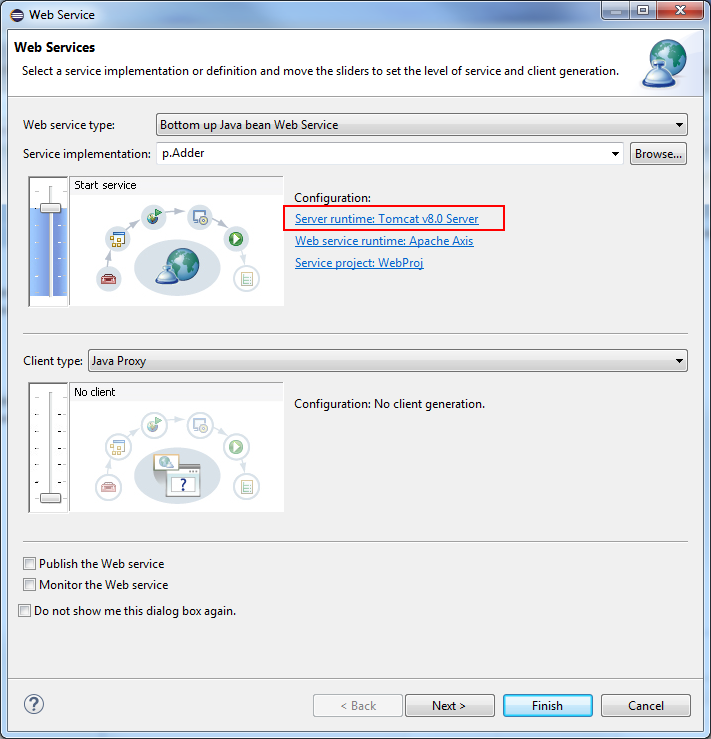 Screenshot of Web Services wizard with Tomcat 8 Server selected