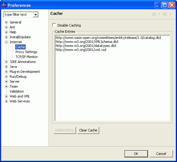 Internet Cache preference page