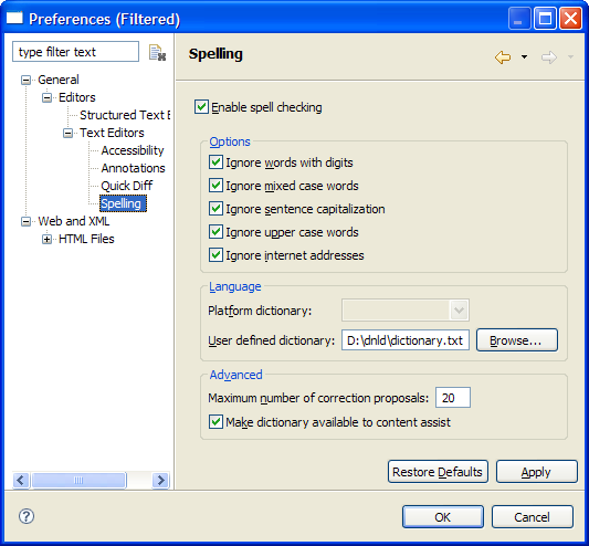 Spelling preference page