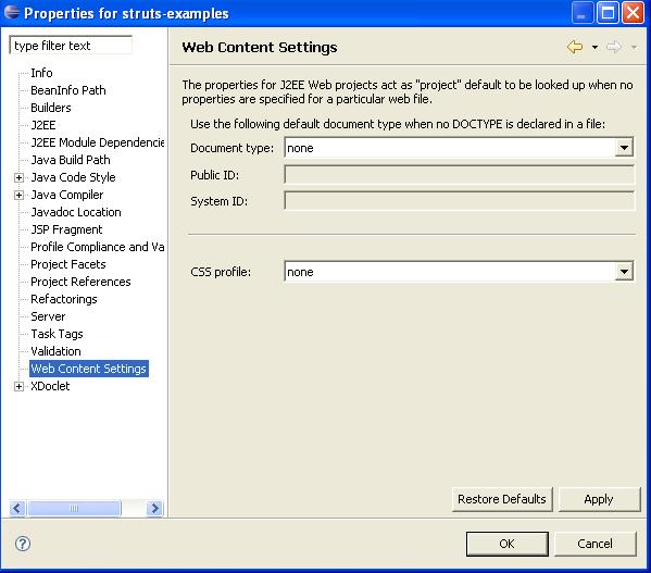 Web Content Settings property page